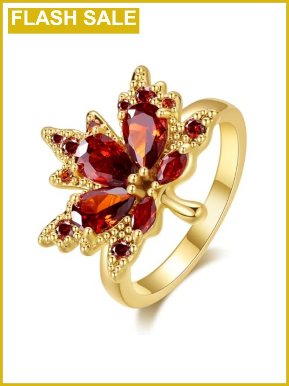 18K Gold Plated Maple Leaf Statement Ring Women Cubic Zirconia Band